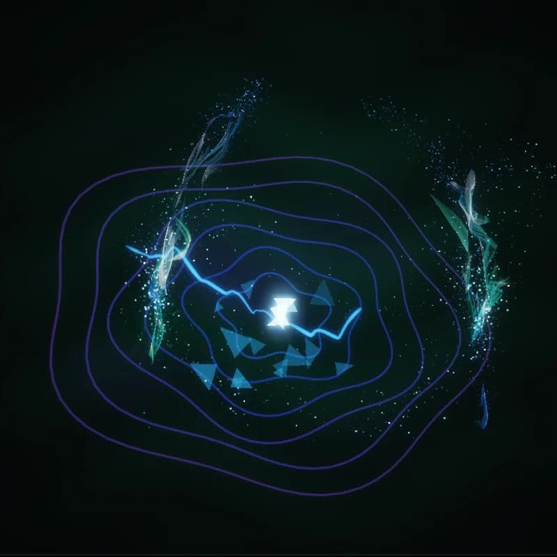 Fine turquoise contours orbit a small bright centre.